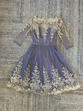 Chi Chi London Tea Party Tulle Latoya Dress Gold Lace Size UK 10 | US 6 Sheer